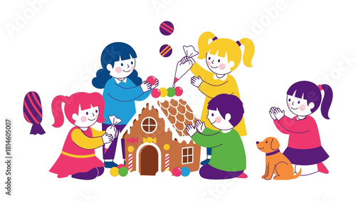 Sweet Treats and Playful Cheer: A delightful scene of children gathered around a gingerbread house, decorating it with colorful candies and playful joy. creating joyful, festive.
