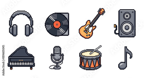 Retro 8-bit music icons set: headphones, vinyl, guitar, and more