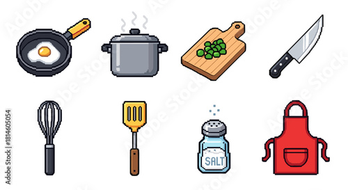 Pixel art kitchen essentials collection: cooking tools and ingredients set