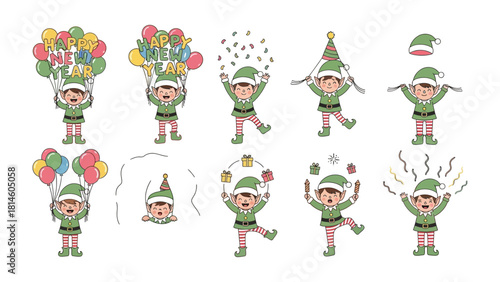 Elves' Holiday Cheer: A collection of delightful elf illustrations showcasing festive joy, from balloon displays to playful juggling, capturing the enchantment of celebration.