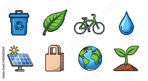Pixel art icons of eco-friendly and sustainable living symbols