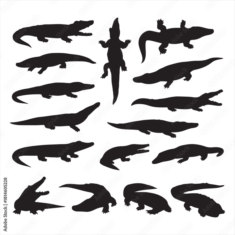 Fototapeta premium Collection of silhouettes depicting various alligators and crocodiles in different poses and angles