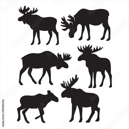 Collection of silhouette illustrations featuring moose in various poses and actions
