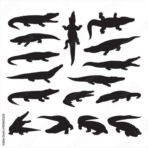 Collection of silhouettes depicting various alligators and crocodiles in different poses and angles