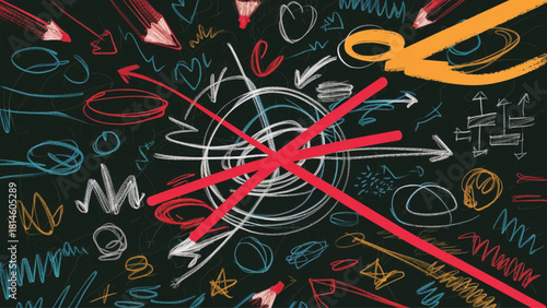 Chaotic Scribbles and Arrows on Dark Background abstract