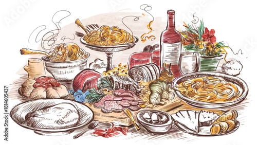 Vibrant Italian Food Spread with Wine and Charcuterie