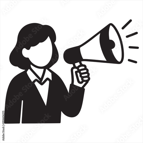 Person in suit holding a megaphone announcing information loudly with sound waves
