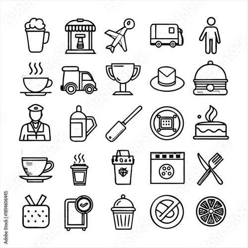Collection of hand drawn doodle icons representing food service transportation and various objects