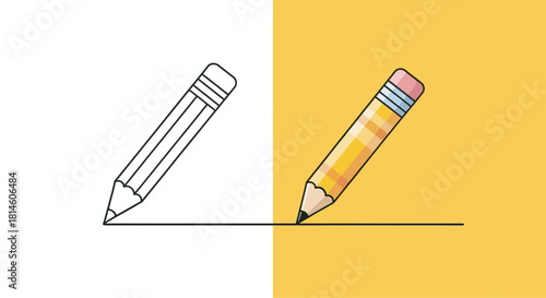 Side-by-side comparison of a pencil outline and a colored pencil drawing a line.