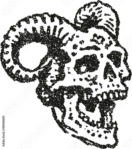 Ram skull profile vector illustration with large curved horns in vintage stipple dotwork style

