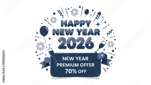 Festive New Year 2026: An elegant design, perfect for New Year celebrations, adorned with sparkling decorations and celebratory elements. Featuring a banner announcing a special discount.