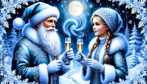 Father Frost and Snow Maiden celebrate New Year in the night forest.