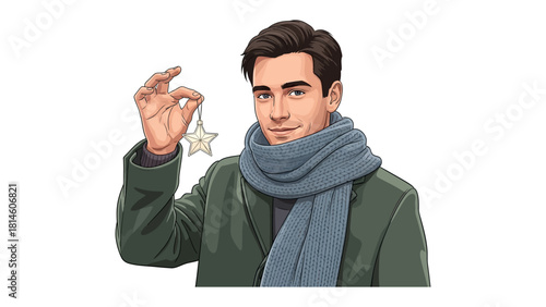 Elegant Man in Winter Attire: A distinguished gentleman, clad in a cozy scarf and winter coat, delicately holds a festive star decoration.