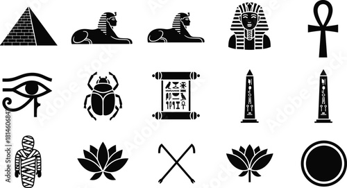 Ancient Egypt icons, black silhouette, pyramid, sphinx, pharaoh, ankh, Eye of Horus, scarab, mummy, lotus, hieroglyphs, culture