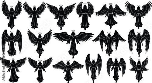 Angel silhouette icons, black symbols, winged figures, halo design, spiritual beings, divine pose, religious art, flying angels, celestial illustration