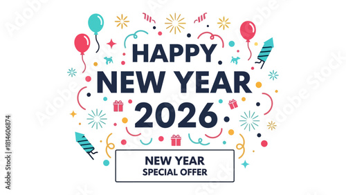New Year's Celebration: A vibrant design for a Happy New Year celebration, featuring festive decorations, vibrant colors, balloons, fireworks, confetti, and gift boxes.
