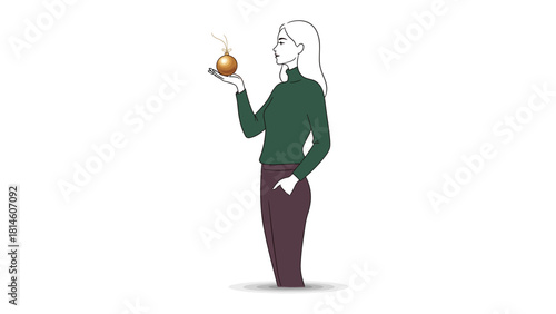 Sophisticated Contemplation: An elegant woman, holds a single golden ornament. The minimalist style, captures introspection and anticipation.