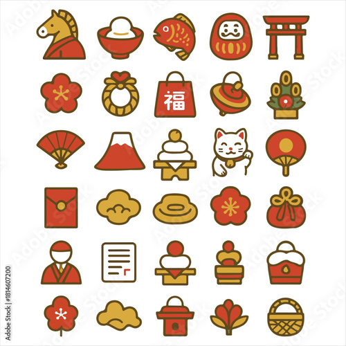 Collection of japanese new year celebration icons featuring traditional symbols and festive decorations