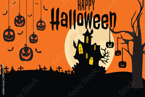 Happy Halloween Background with Haunted House Hanging Pumpkins and Graveyard
