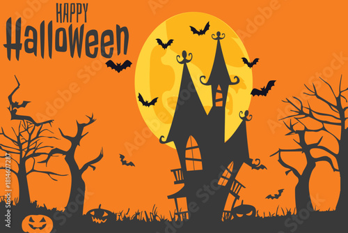 Happy Halloween Background with Haunted House Bats and Full Moon on Orange Sky