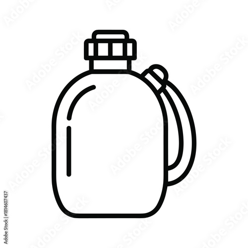 Simple black and white line art icon of a vintage hand water pump dispensing water into a small cup isolated on