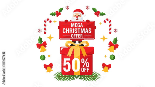 Festive Mega Christmas Offer: A vibrant depiction of holiday cheer, showcasing Santa Claus, gift box, and festive decorations, offering a generous 50% discount on Christmas products.