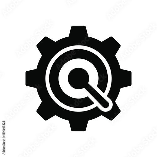 Black cogwheel gear with magnifying glass icon on a white background