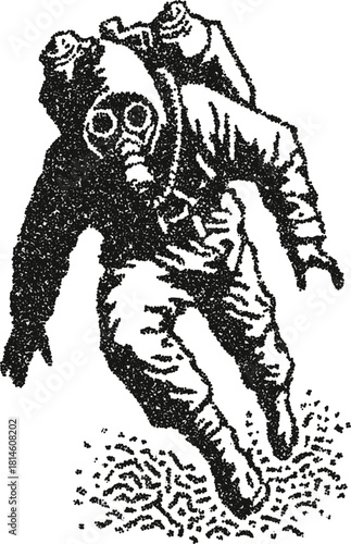 Person wearing gas mask vector illustration running in hazmat suit in vintage stipple dotwork style
