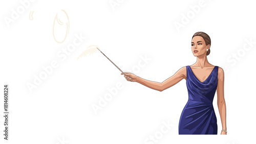 Elegant Woman in the Spotlight: An elegant woman in a flowing dress, poised and confident, indicates and makes gesture to the audience using a thin pointer.