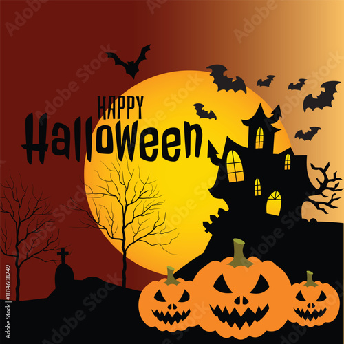 Happy Halloween Background with Haunted House Pumpkins Bats and Full Moon