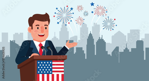 A man in a suit giving a speech at a podium with the American flag, with fireworks and city skyline in the background.