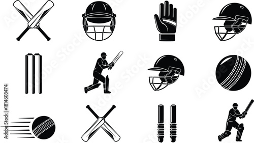 Cricket icons silhouette, sports gear, black symbols, batsman, helmet, stumps, ball, gloves, action pose, cricket equipment, field tools
