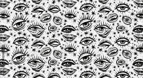 Mystical eye and lip pattern with cosmic stars evokes edgy, modern fashion vibes for creative projects