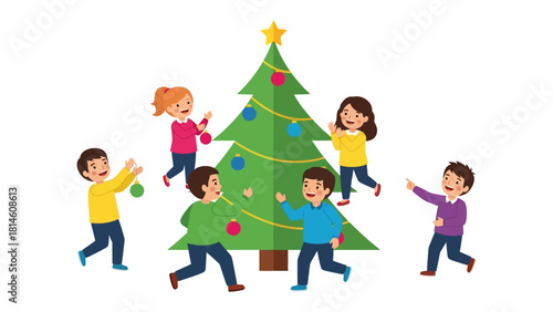 Joyful Celebration Around a Christmas Tree: Illustrating the magic of Christmas, a group of happy children joyfully decorate a vibrant Christmas tree with colorful ornaments.