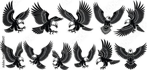 Eagle silhouette icons, flying pose, black symbols, bird wings, majestic flight, predator design, wildlife art, freedom symbol, vector illustration
