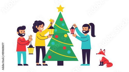 Holiday Traditions: A cheerful family gathers to decorate a vibrant Christmas tree with colorful ornaments and festive lanterns. The spirit of the season is alive.
