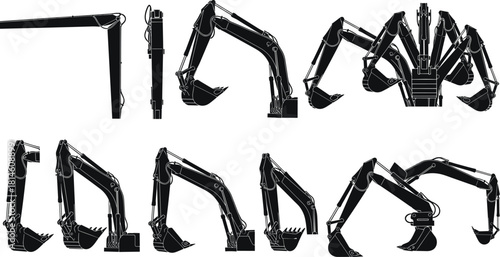 Excavator arm silhouette, construction machinery, black icons, mechanical motion, bucket rotation, engineering tools, heavy equipment, industrial design, hydraulic system, kinematics view