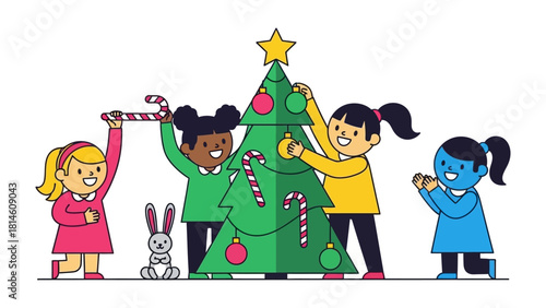 Festive Joy: A charming illustration captures the excitement of children decorating a Christmas tree, filled with joy and merriment.