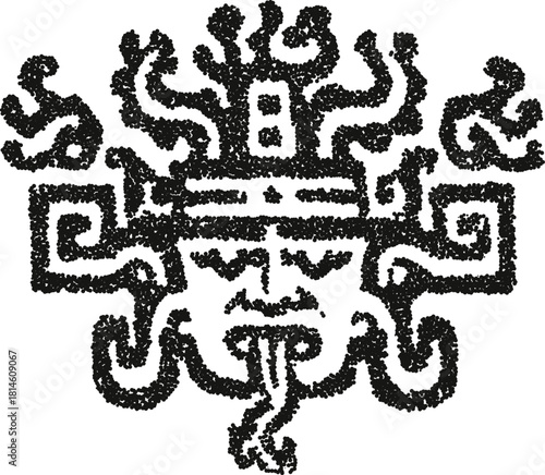 Tribal mask face vector illustration with tongue out and decorative headdress in stipple dotwork style
