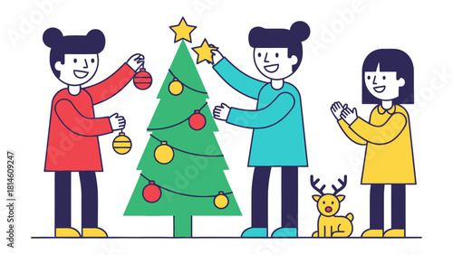 Holiday cheer: Joyful family decorating a festive Christmas tree, embracing the spirit of the season with ornaments and warm smiles.