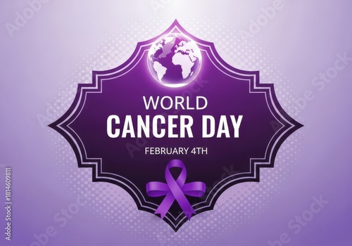 World cancer day awareness with purple ribbon and globe
