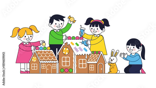Joyful Gingerbread House Craft: A group of children eagerly engage in crafting a gingerbread house, a symbol of festive spirit. They decorate with candies and colorful icing.