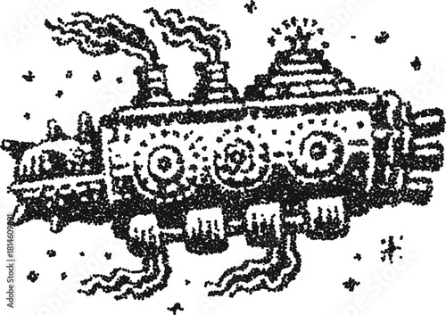 Steampunk airship vector illustration with gears and smoke in vintage stipple dotwork style
