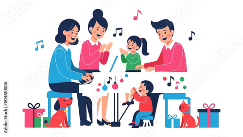 Musical Family Moment: Capture the heartwarming scene of a family engrossed in making music, filled with joy, and presents. A delightful visual of familial harmony and musical joy.