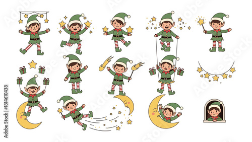 Playful Elf in Festive Wonderland: A whimsical illustration depicts a collection of elves engaged in various joyful activities amidst a backdrop of stars and moon elements.