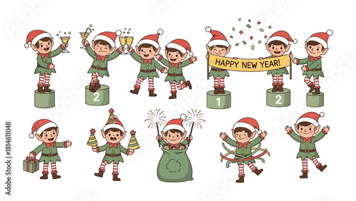 Festive Elf Collection: A vibrant assortment of cheerful elf characters, donned in traditional attire and hats, engaged in various celebrations.