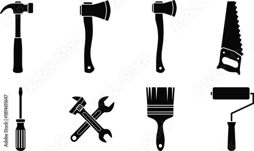 Hand tools silhouette, construction gear, black icons, hammer, axe, saw, screwdriver, wrench, paintbrush, roller, maintenance equipment, DIY tools