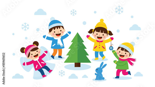 Winter's Wonderland Playtime: Playful children engage in joyful winter activities, decorating a Christmas tree with snow falling gently around them, celebrating winter and festivity.