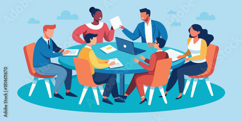 Meeting with five professionals discussing strategies at round table, flat vector corporate teamwork concept illustration