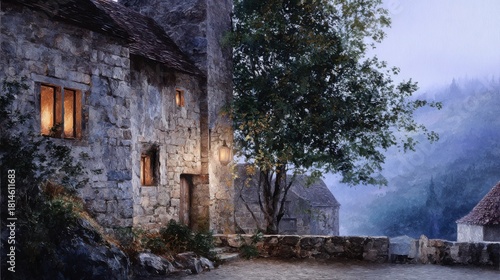 Fototapeta Naklejka Na Ścianę i Meble -  Small medieval village in the forest, stone houses with wooden doors and windows, lanterns, cobblestone paths, fantasy style, oil painting, brushwork, rustic charm, vintage, storybook illustration.
